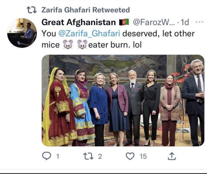 I denounced the racial hatred directed against <a href="/Zarifa_Ghafari/">Zarifa Ghafari 🇦🇫</a>.But it is utterly despicable that she herself retweeted a racist slur and hate speech against Hazaras, calling them mice eaters.She is not deserve of the title human rights activist. She has a fervent racist attitude.