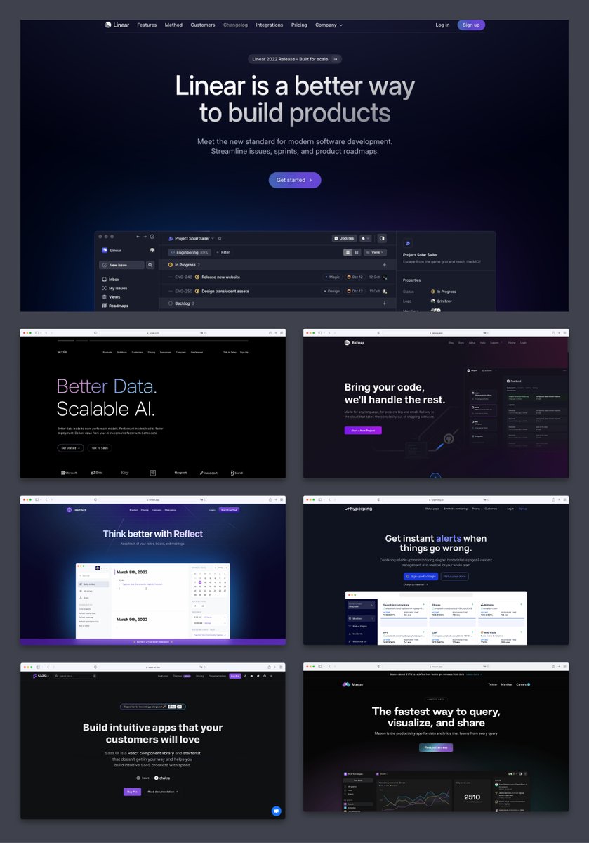 AdhamDannaway's tweet photo. 🖤 💜 Did @linear start the dark purple gradient SaaS website trend? 🤔

What was it that made this vibe so popular?

A collection of Linear-esque websites:
→ https://t.co/QtsIak09LR

By @awesome_saas
#design #webdesign #uxdesign #darkmode #darkwebsites https://t.co/GvaWnEuUja