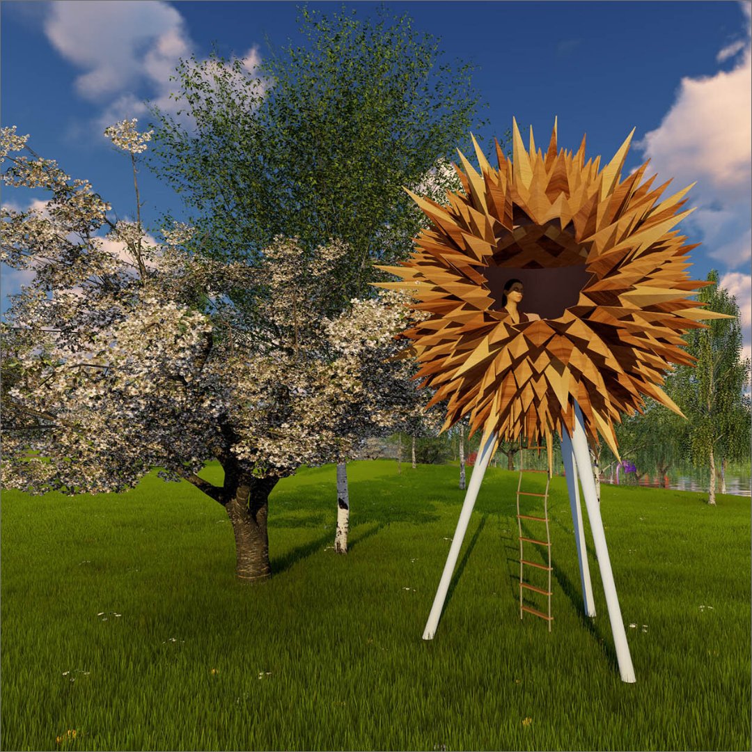 ALLDesign1's tweet image. The Reading Pod is inspired by nature; its spiky conker-like exterior contains a cosy reading space, large enough to hold two people, and it mimics a small, free-standing tree house.

#aLLDesign #makelifebetter #streetcreature