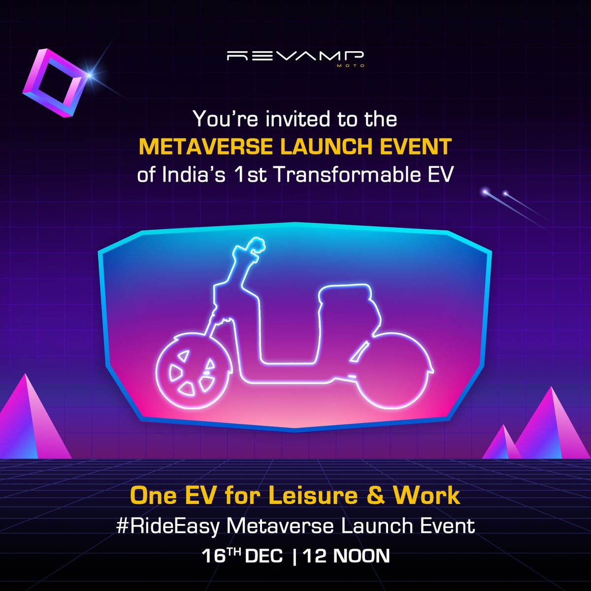 revampmoto's tweet image. Witness the first-of-its-kind launch ever in India... 

India&apos;s transformable EV for your leisure and work with attachments that take your load and add swag to your style!

Going live on 16th December at 12 noon.

The link is in our bio!