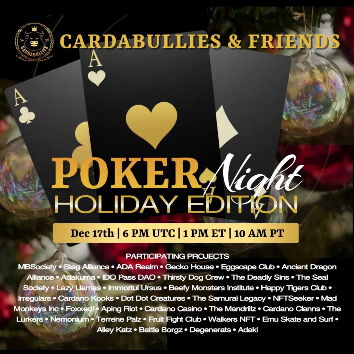 WalkersCNFT's tweet photo. We are part of a @cardabullies  &amp; Friends 
HOLIDAY EDITION POKER NIGHT and we have 8 seats for Walkers !!!   Awesome prize pool !!! 
Who want's to play ? 
⭐️React to this post to enter a raffle
⏳24 hours https://t.co/oLXBZKIxb9