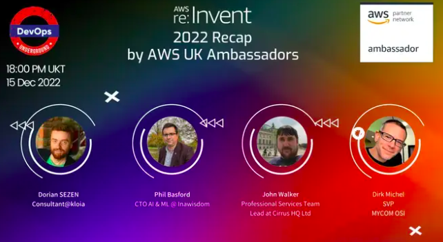 Last hours! AWS re:Invent Recap by AWS UK Ambassadors <a href="/DeryaDorian/">Derya (Dorian) Sezen</a> , <a href="/philipbasford/">Phil Basford</a> , <a href="/zz9/">John Walker</a> and Dirk Michel 

meetup.com/devops-undergr…

#aws #reinvent2022 #reinvent #reinvent22 #devops