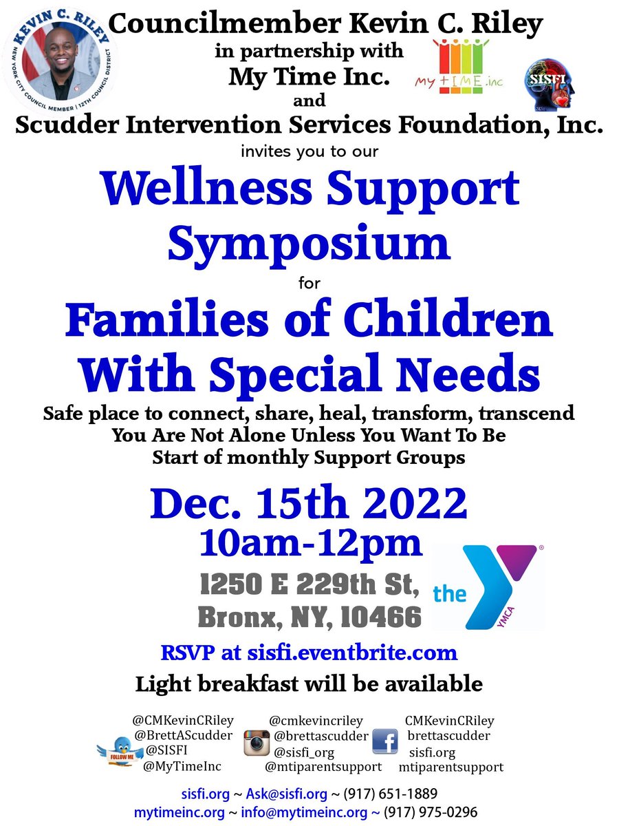 Elated for today's event partnering with <a href="/CMKevinCRiley/">Council Member Kevin C. Riley</a> to bring our #EmotionalWellness #MentalHealth, #CrisisResponse, support services <a href="/SISFI/">Scudder Intervention Services Foundation Inc SISFI</a> <a href="/mytimeinc/">My Time Inc</a> <a href="/SISFI_ASFARWC/">SISFI's Suicide First Aid Response/Wellness Center</a> for parents of children with special needs in #Bronx district. Their strugges are real. Help is here. #Autism