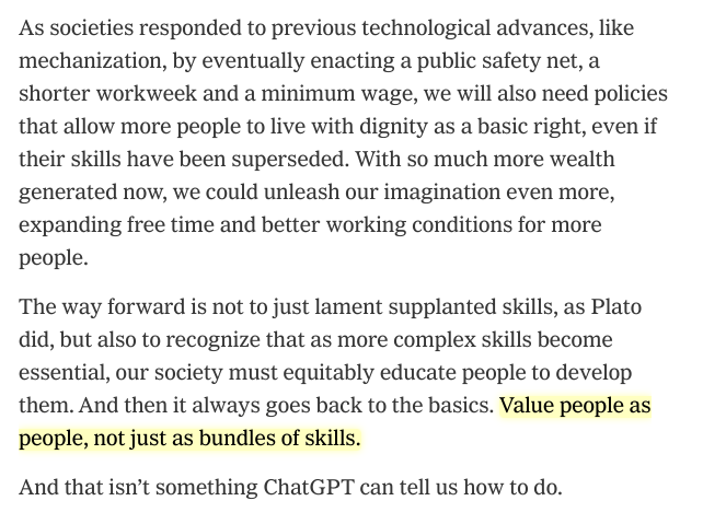 zeynep's tweet photo. The stark inequalities in education are a huge obstacle, but it's also simply not possible to ignore all this, or deal with AI capabilities purely punitively (as plagiarism) in the classroom. It will just get worse.

As before, re-imagining how we value people is the viable path. https://t.co/ClpzC0wTjv