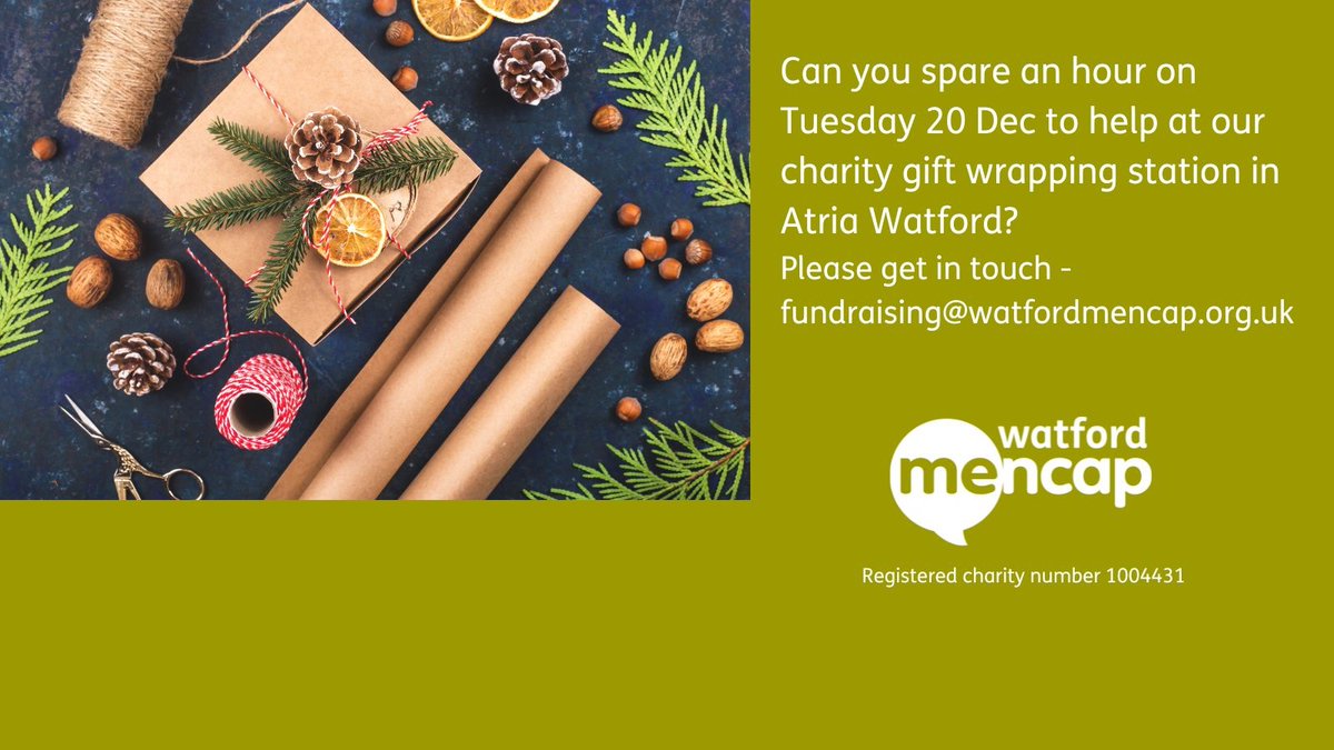 We're looking for a few more helpers at our charity gift wrapping station in Atria Watford on Tuesday 20 December. Please get in touch if you can help. Thank you.