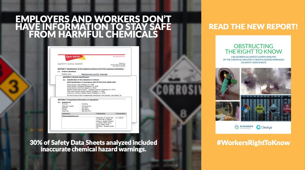 The chemical industry claims workers can rely on Safety Data Sheets to keep safe, but that’s predicated on them being accurate. SPOILER ALERT: They aren’t. See what our new report with @letsclearya reveals! bit.ly/3FuLmuj #OSHA #WorkplaceSafety #WorkersRighttoKnow