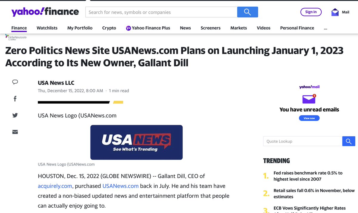 Zero Politics News Site USANews.com Plans on Launching January 1, 2023 According to Its New Owner, Gallant Dill finance.yahoo.com/news/zero-poli… via <a href="/YahooFinance/">Yahoo Finance</a>