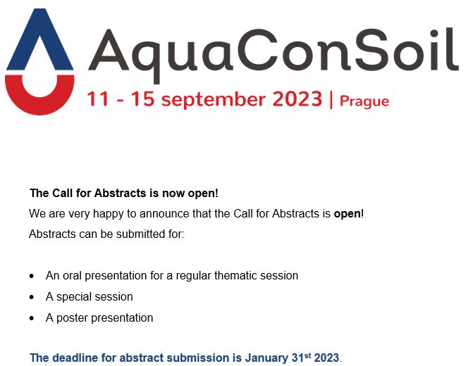 Call for abstracts @AquaConSoil 2023 is open! To find more info, submit your abstract or check the 2023 topics, please go to aquaconsoil.com/aquaconsoil-20… 
#aquaconsoil #ACS2023 #soil #sediment #water #landmanagement #sustainable