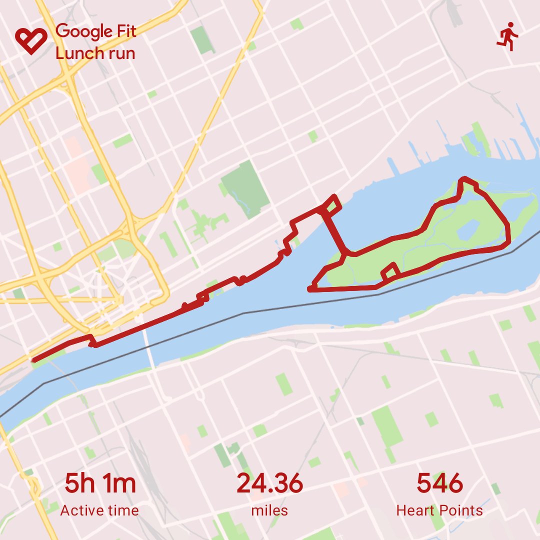 DagdaMusic's tweet photo. This was my last long run of the year. What an ass kicker. Twice over the highlighted route. There and  back west to east along the riverfront and two laps around Belle Isle.
#rundetroit #veganrunner #poweredbyplants #healthandhiphop #dagdamusic https://t.co/DNcHp9IqMi