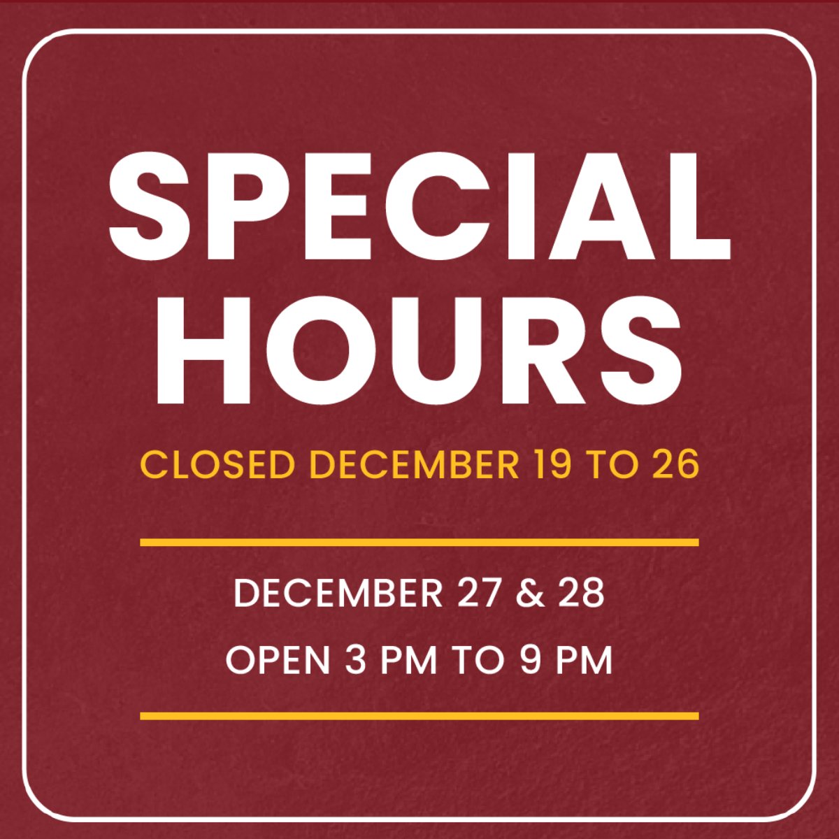 Please note, we have special holiday hours starting next week. We will be closed from Dec. 19 to 26, and then open from 3 PM to 9 PM on Dec. 27 and 28. Check our schedule before coming by to enjoy your favorite dishes.   #TartagliasPizza #ArtisanalPizza #BrickovenPizza #CamptonNH