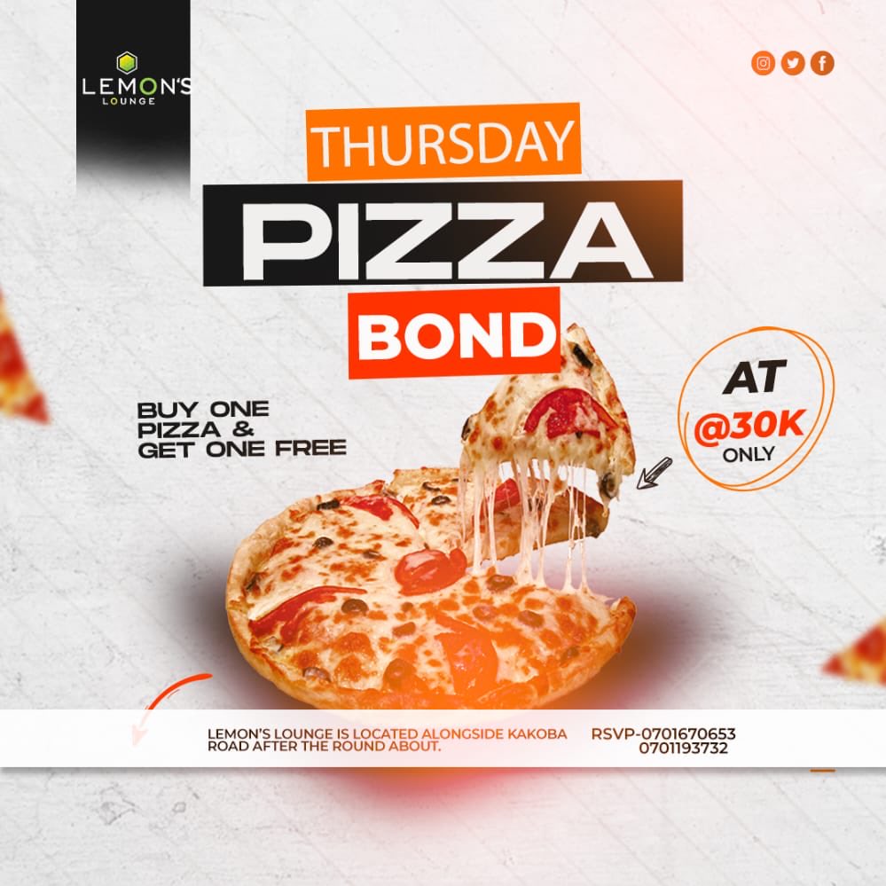 Lemons_Lounge's tweet photo. PREMIER THURSDAY BUY 1 PIZZA @30 k And GET 1 FREE MUSIC BY DJ TONNY 256 @ Lemon’s Lounge https://t.co/QvlvMbx2Ul