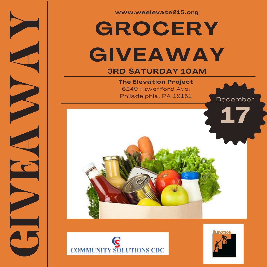 ElevationProjt's tweet photo. Please join us THIS SATURDAY! Saturday, December 17th is our monthly Grocery Giveaway in collaboration with Community Solutions CDC 🛒 

We give away groceries every 3rd Saturday of the month starting at 10AM! 

#grocerygiveawayphilly #phillygrocerygiveaway #foodgiveawayphilly https://t.co/4xmtpHyr69