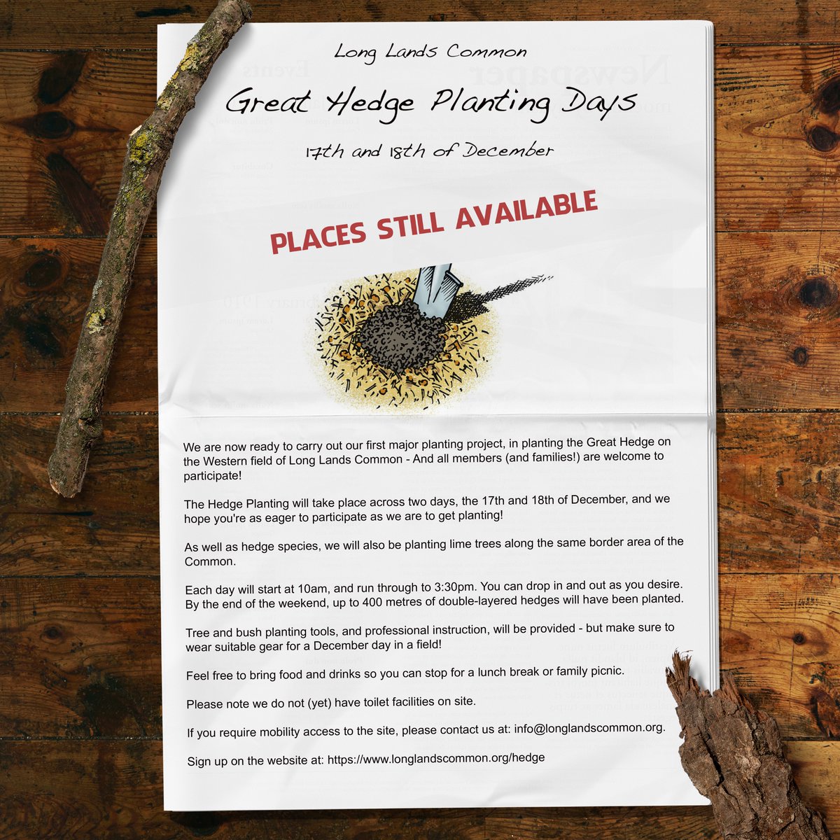 LongLandsCommon's tweet photo. There a few places left for this weekends great hedge planting event.
Sign up below:
https://t.co/RMfGRWp0Dq
The Hedge Planting will take place this weekend, the 17th and 18th of December. All members (and families!) are welcome to participate!
#longlandscommon https://t.co/nFEFaITreK