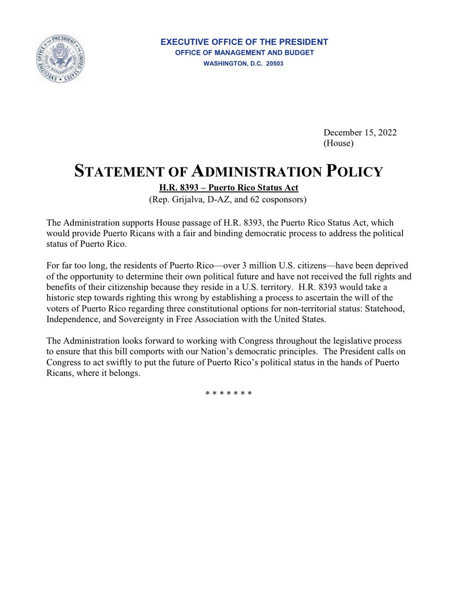 PRStatehoodNet's tweet photo. MAJOR VICTORY 🎉 for the #PuertoRicoStatehoodMovement! Ahead of House vote @POTUS @JoeBiden issues an official statement from the @WhiteHouse calling for Congress to #PassHR8393! That is exactly what we urged them to do back in November with this letter: https://t.co/mNnOEmE3QW https://t.co/A0tz7TnS4a