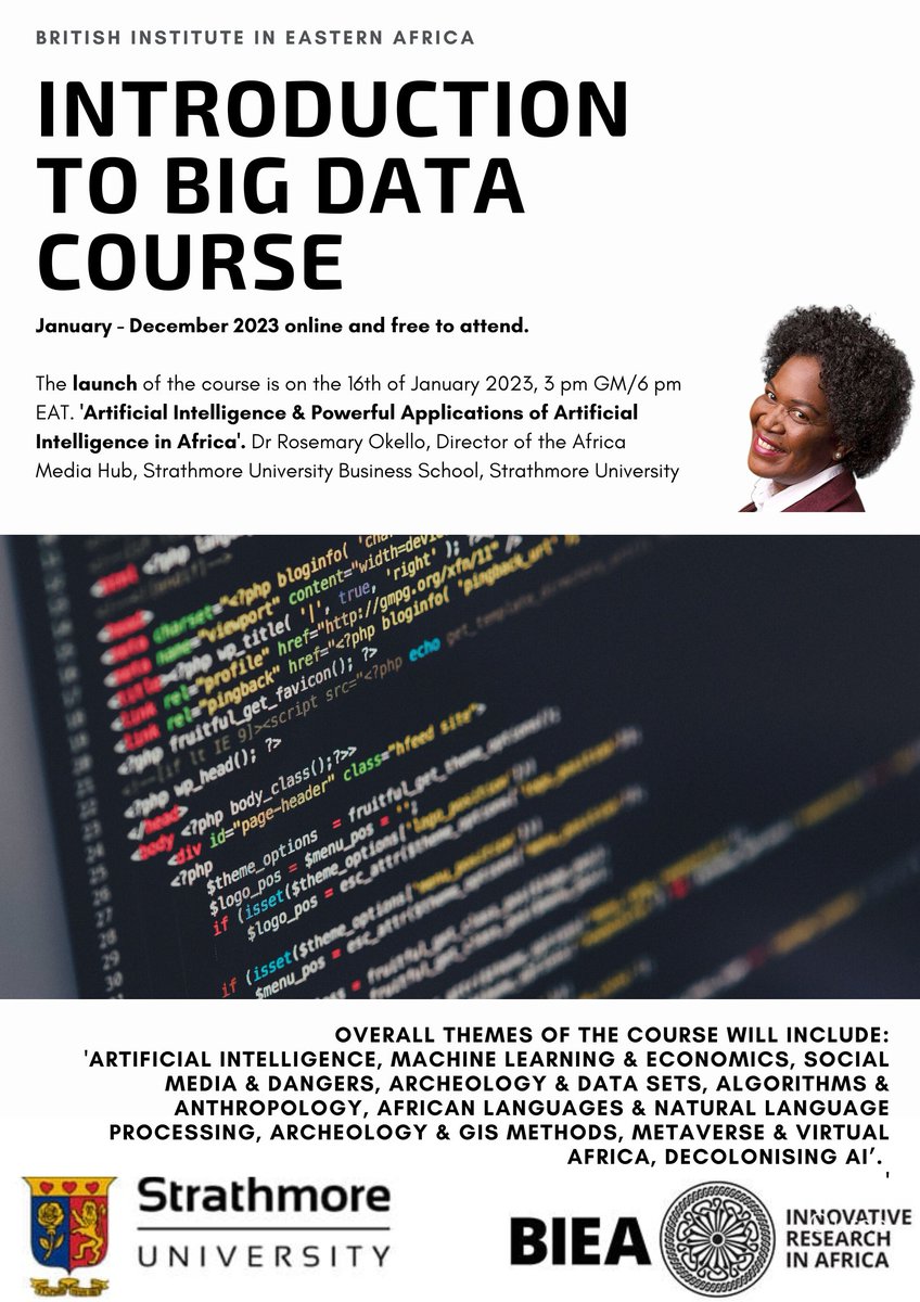 📢📢The <a href="/The_BIEA/">British Institute in Eastern Africa</a> are excited to announce the #launch of the Introduction to #BigData Course for 2023! #free and open to all!

❓When? 16th of January 6pm EAT/ 3pm UK

👉Register: tinyurl.com/mr2znjt2
#Africa #PhD

<a href="/JEASjournal/">JEAS</a>  <a href="/ROAPEjournal/">ROAPE journal</a> <a href="/AmbreenaManji/">Ambreena Manji</a> <a href="/africaupdate/">Jason Mosley (@jasonmosley.bsky.social)</a>