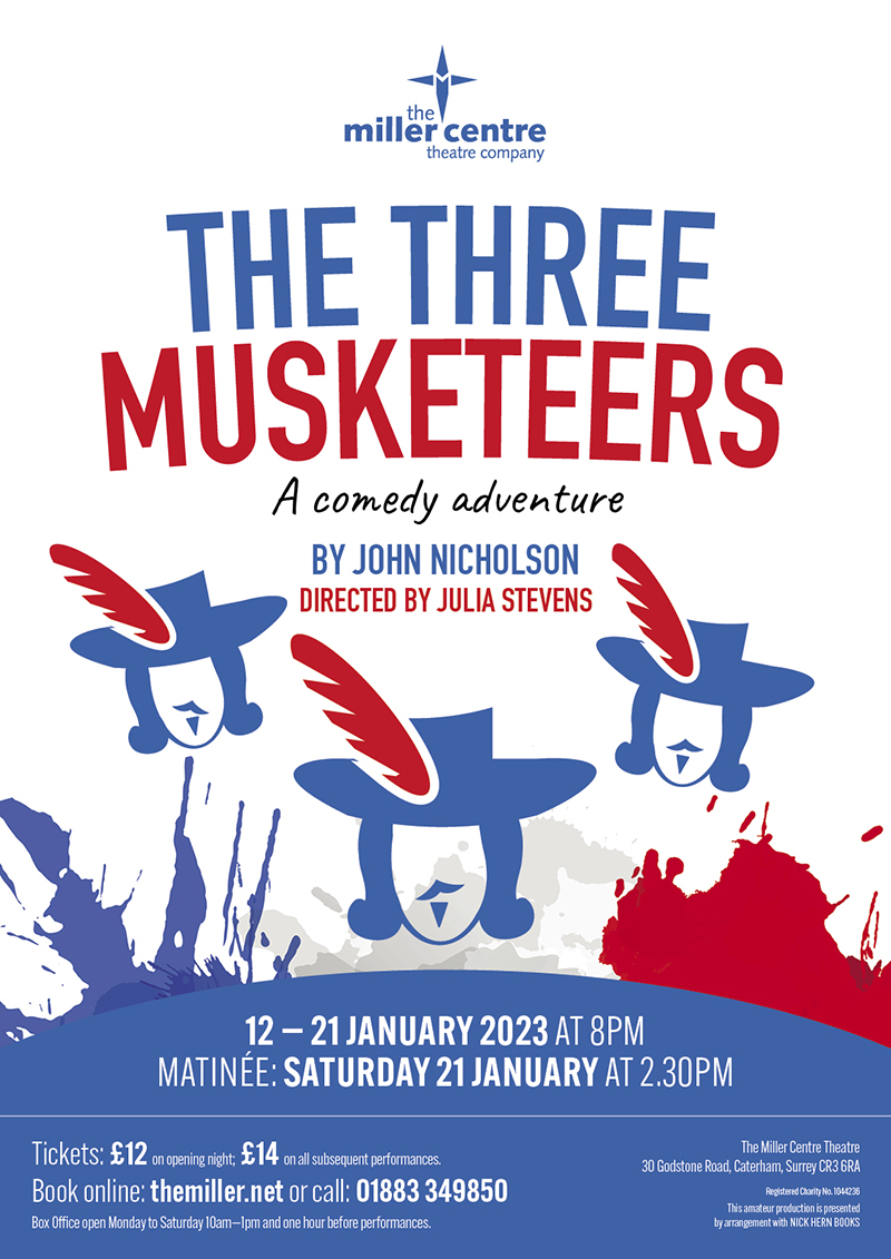 TheMillerCentre's tweet photo. 1 week to opening night of #TheThreeMusketeers - all for one and one for all!

12 - 21 Jan at 8pm
Matinee 21 Jan at 2.30pm

Tickets £12 &amp; £14
https://t.co/lmCZss4eAq

#Theatre #AmDram #Comedy #Play #Family #Caterham #Surrey #MillerCentreTheatre #BackOnStage #SupportLocal https://t.co/y3rweMcGDV