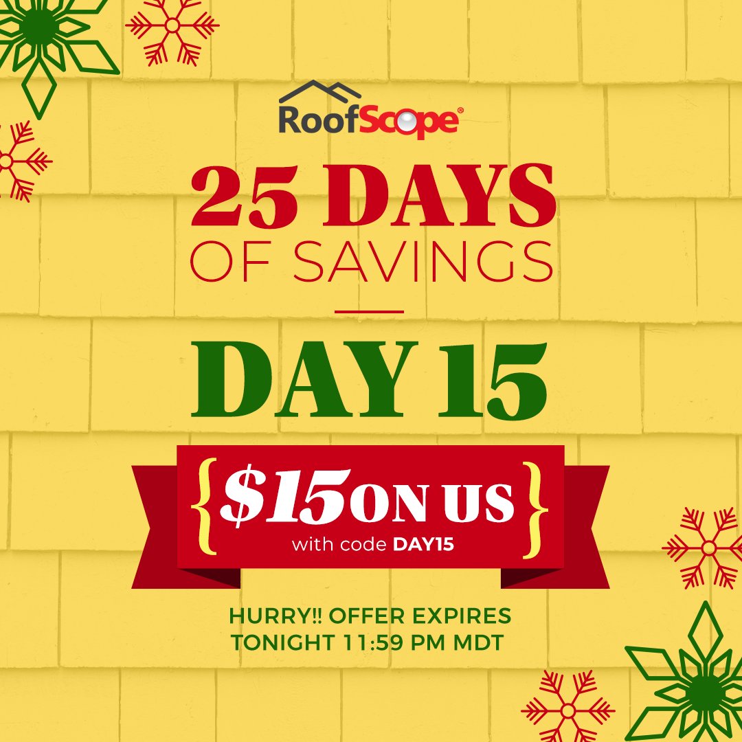 roofscope's tweet photo. Happy Thursday! Get $15 added to your account with code DAY15. Hurry, this offer expires midnight! #25daysofsavings #roofscope #AerialMeasurements #takeoffreports #Day15 #deals #ConstructionTech #TopicTuesday https://t.co/bCbPEvxFD8