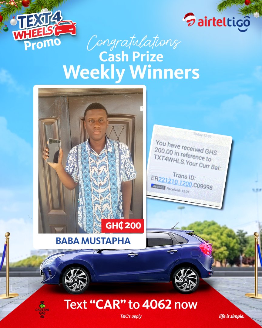 theatghana's tweet photo. Christmas came early for our weekly cash prize winners. This could be you.
Just pick up your phone and send "CAR" to 4062 and you could be on your way to getting your share of the December money😉in the AirtelTigo #Text4Wheels promo.
#LifeIsSimple #UseAirtelTigo https://t.co/qOHsndqZDZ