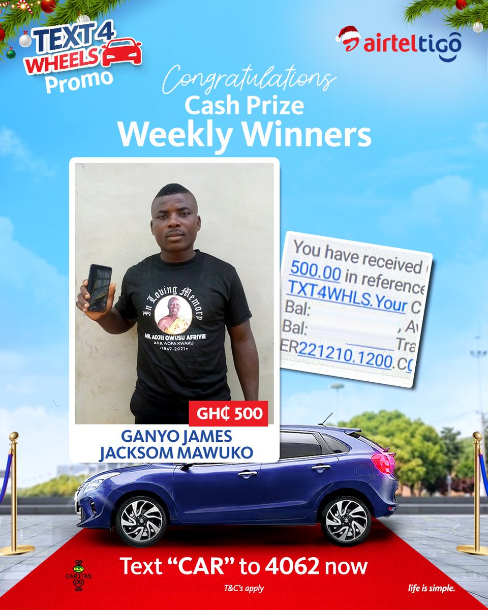theatghana's tweet photo. Christmas came early for our weekly cash prize winners. This could be you.
Just pick up your phone and send "CAR" to 4062 and you could be on your way to getting your share of the December money😉in the AirtelTigo #Text4Wheels promo.
#LifeIsSimple #UseAirtelTigo https://t.co/qOHsndqZDZ