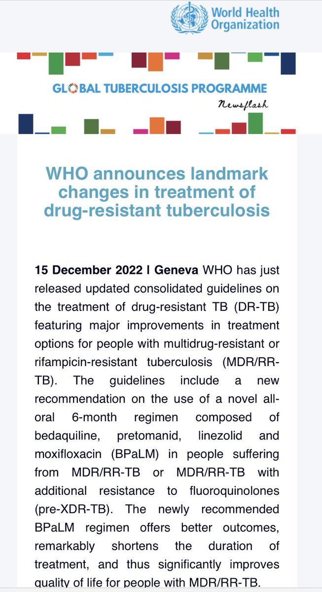 <a href="/WHO/">World Health Organization (WHO)</a> announces historic changes in treatment of drug-resistant #TB w/ shorter all-oral treatment option in consolidated guidelines that will be of great benefit to people suffering from drug-resistant TB, easing the burden on health systems &amp; saving lives bit.ly/3VZgN7l