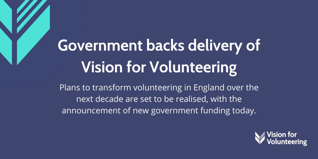 We are pleased to announce that <a href="/DCMS/">Department for Culture, Media and Sport</a> is backing the delivery of the #VisionForVolunteering

<a href="/NCVO/">NCVO</a> is proud to be a partner on this work to help change #volunteering in England over the next 10 years. Find out more: visionforvolunteering.org.uk