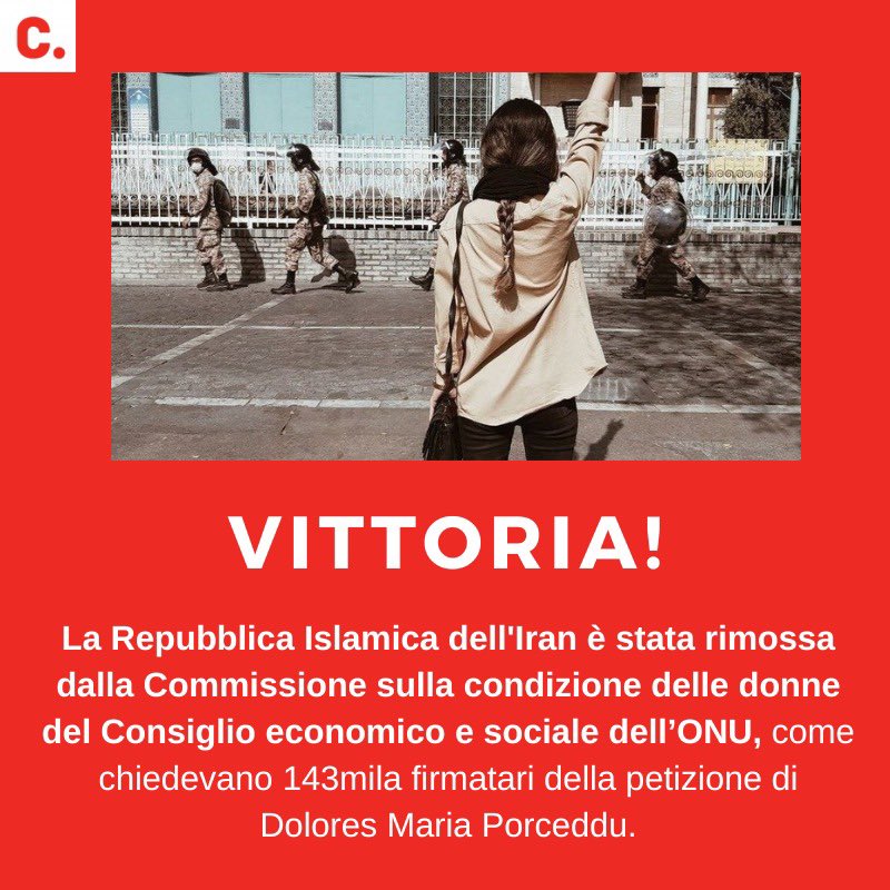 ChangeItalia's tweet photo. 🏆Vittoria!"La Repubblica Islamica dell'Iran è stata rimossa dalla Commissione sulla condizione delle donne del Consiglio economico e sociale dell’ONU”,scrive M.D. Porceddu ai 143mila firmatari(🇮🇹 🇫🇷🇪🇸🇷🇺🇵🇱) della sua petizione👇
https://t.co/93nfLpRH0r https://t.co/s9BwZIlpiy