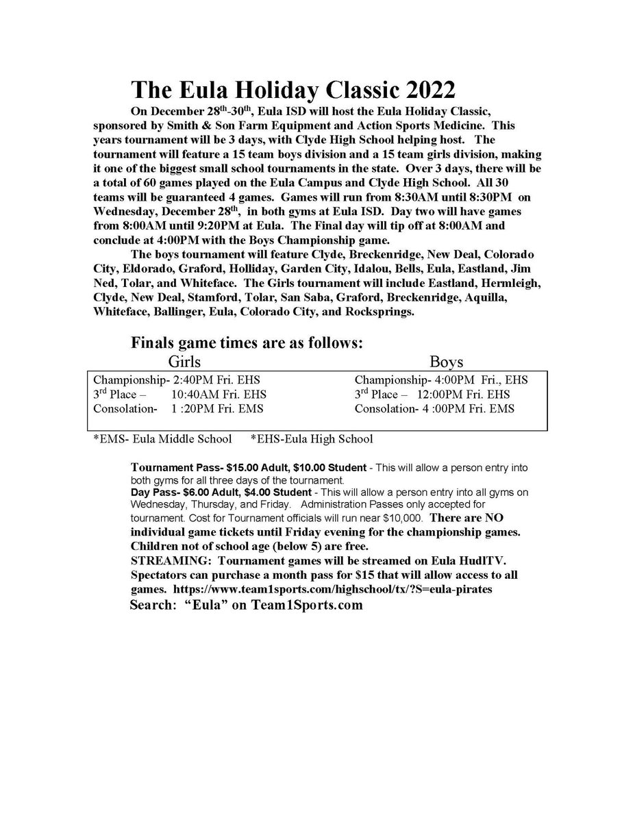 Eula Holiday Classic Brackets! <a href="/hoopinsider/">Hoopinsider</a> <a href="/BigCountrySport/">Evan Ren</a> <a href="/BCHsports/">BCH Sports</a> <a href="/KTXSSports/">KTXS Sports</a> <a href="/Texas1AFan/">Texas 1A Fan</a> <a href="/Nick_TXHSGBB/">Nick Alvarado</a> <a href="/EulaISD/">Eula ISD</a> #EulaClassic