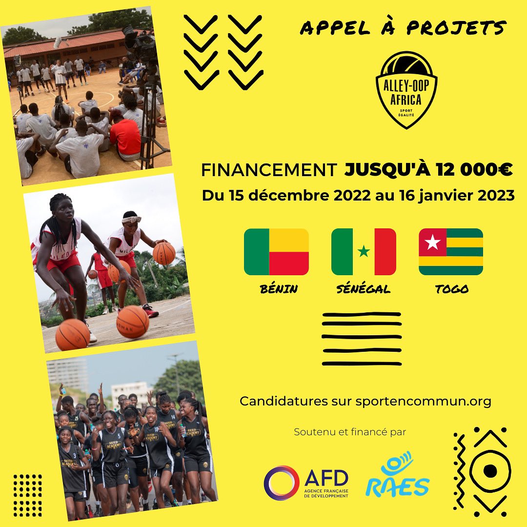 SportEnCommun's tweet image. 📣 APPEL À PROJETS ALLEY-OOP AFRICA FINANCÉ PAR @AFD_France et @ong_raes 🌍

Vous êtes une structure au Bénin 🇧🇯, au Sénégal 🇸🇳 ou au Togo 🇹🇬 qui utilise le sport pour le développement ?

➡️ Jusqu’au 12 000€ de financement
➡️ Du 15 déc au 16 janv sur sportencommun.org/projets/appel-…