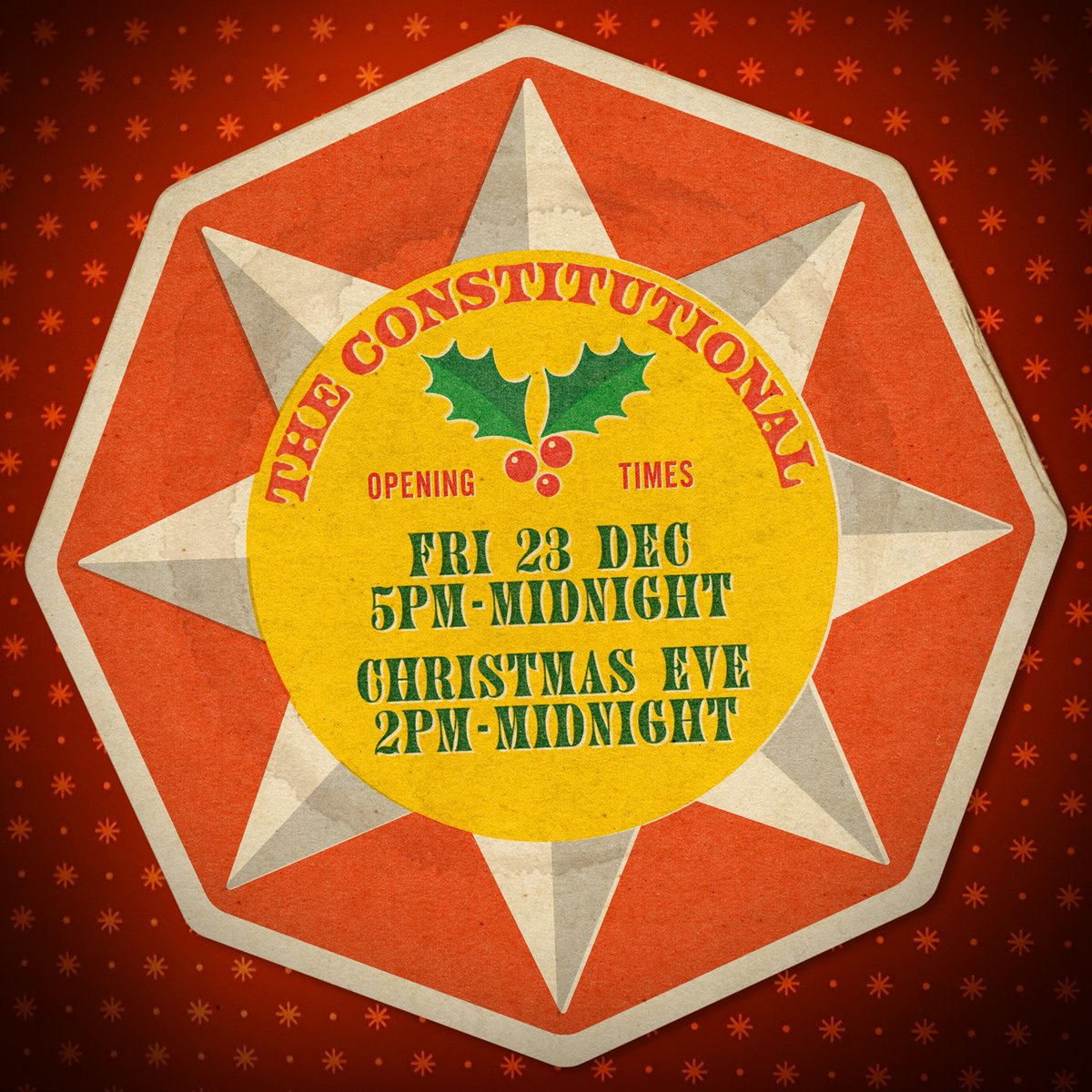 🍾 Christmas Opening Times 🎅

⏰ Xmas Eve Eve (Fri 23rd) 5pm - Late 
⏰ Xmas Eve (Sat 24th) 2pm - Late