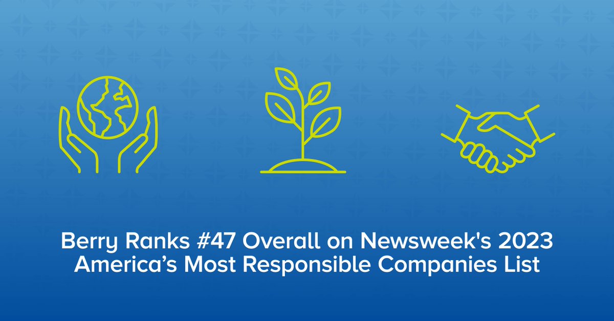 BerryGlobalInc's tweet photo. We are honored to be recognized by @Newsweek as one of America’s Most Responsible Companies. While we know there is more work to be done, we celebrate our team members' dedication & look forward to finding ways to #BMoreTogether with our customers. https://t.co/7W2FzopfeY https://t.co/39kU3YcScn