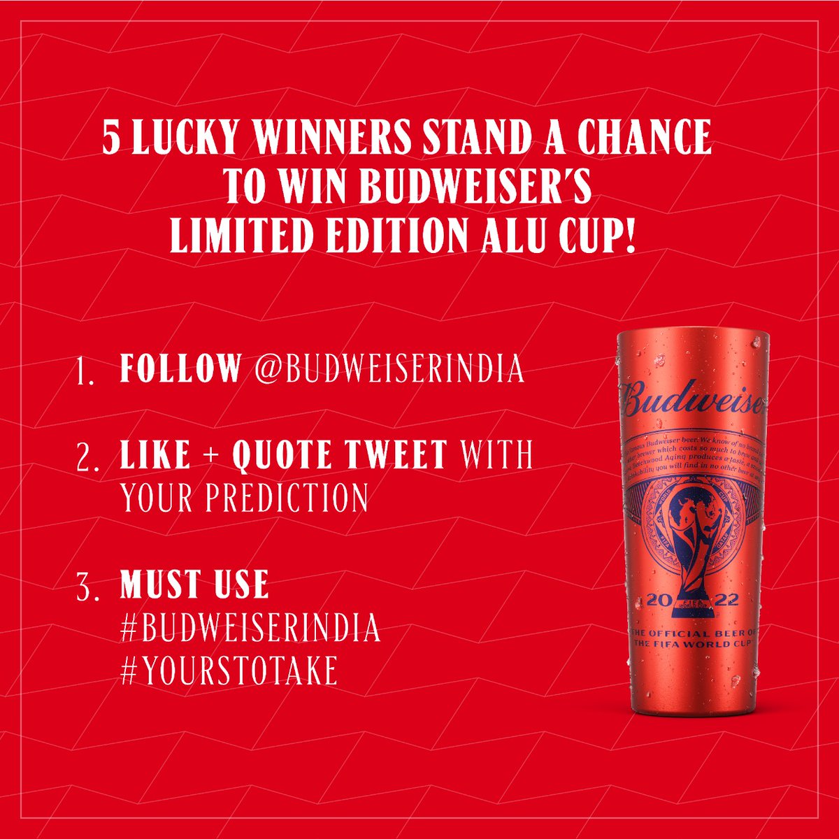 #ContestAlert
It’s time for you to #BringHomeTheBud’s exclusive Cup! 

Share your predictions with us and 5 lucky winners stand a chance to win the Budweiser Alu Cup! 

- Follow <a href="/BudweiserIndia/">Budweiser India</a> 
- Like + Quote Tweet and share your answer
- Must use #BudweiserIndia  #YoursToTake