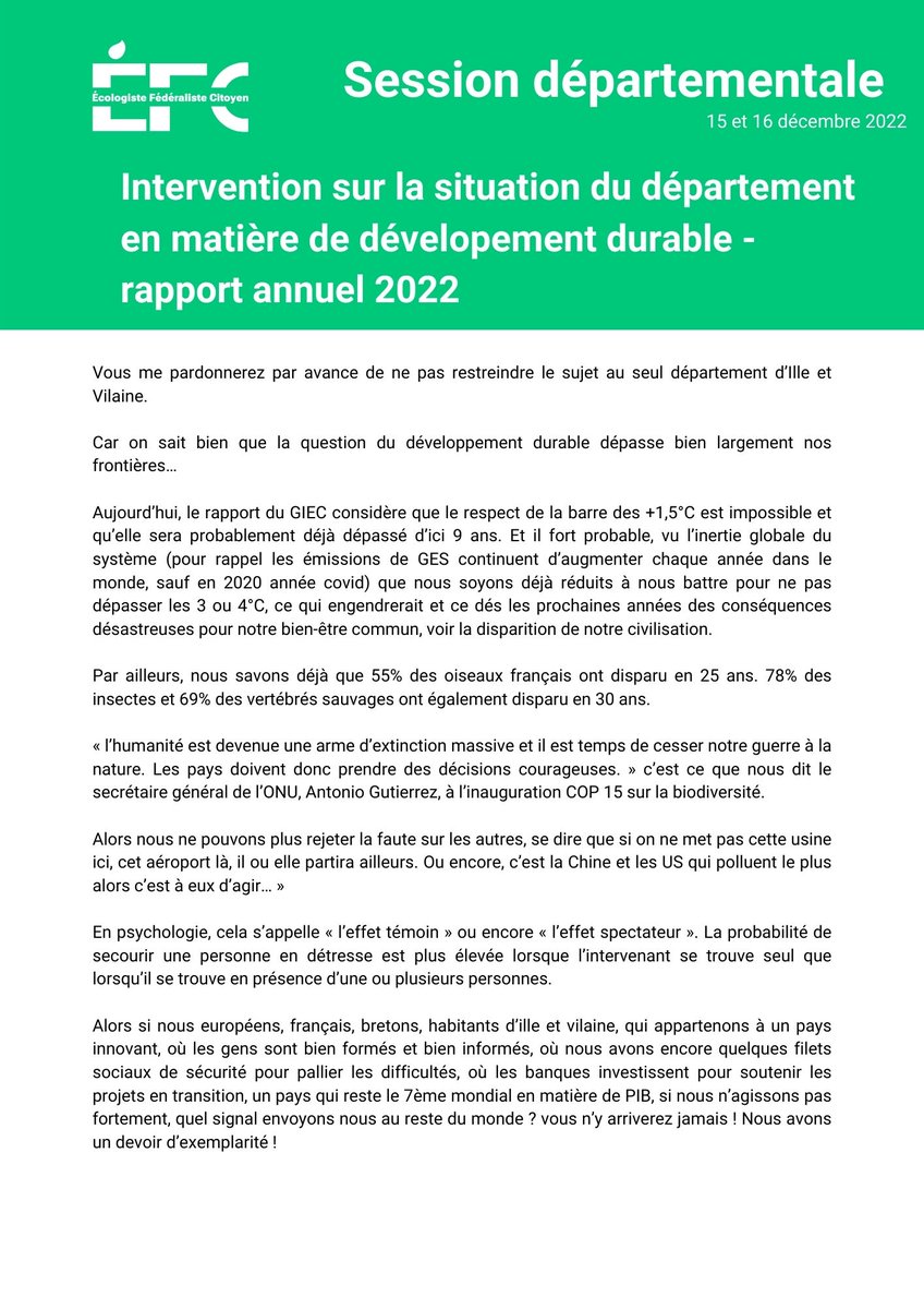 GroupeEFC_CD35's tweet image. Intervention de Nicolas Perrin sur le rapport relatif au développement durable :
➡️pour un aménagement du territoire cohérent, en lien avec nos ressources 
➡️une trajectoire carbone de -20% 
➡️être un acteur innovant de la bifurcation écologique
Texte complet 👇