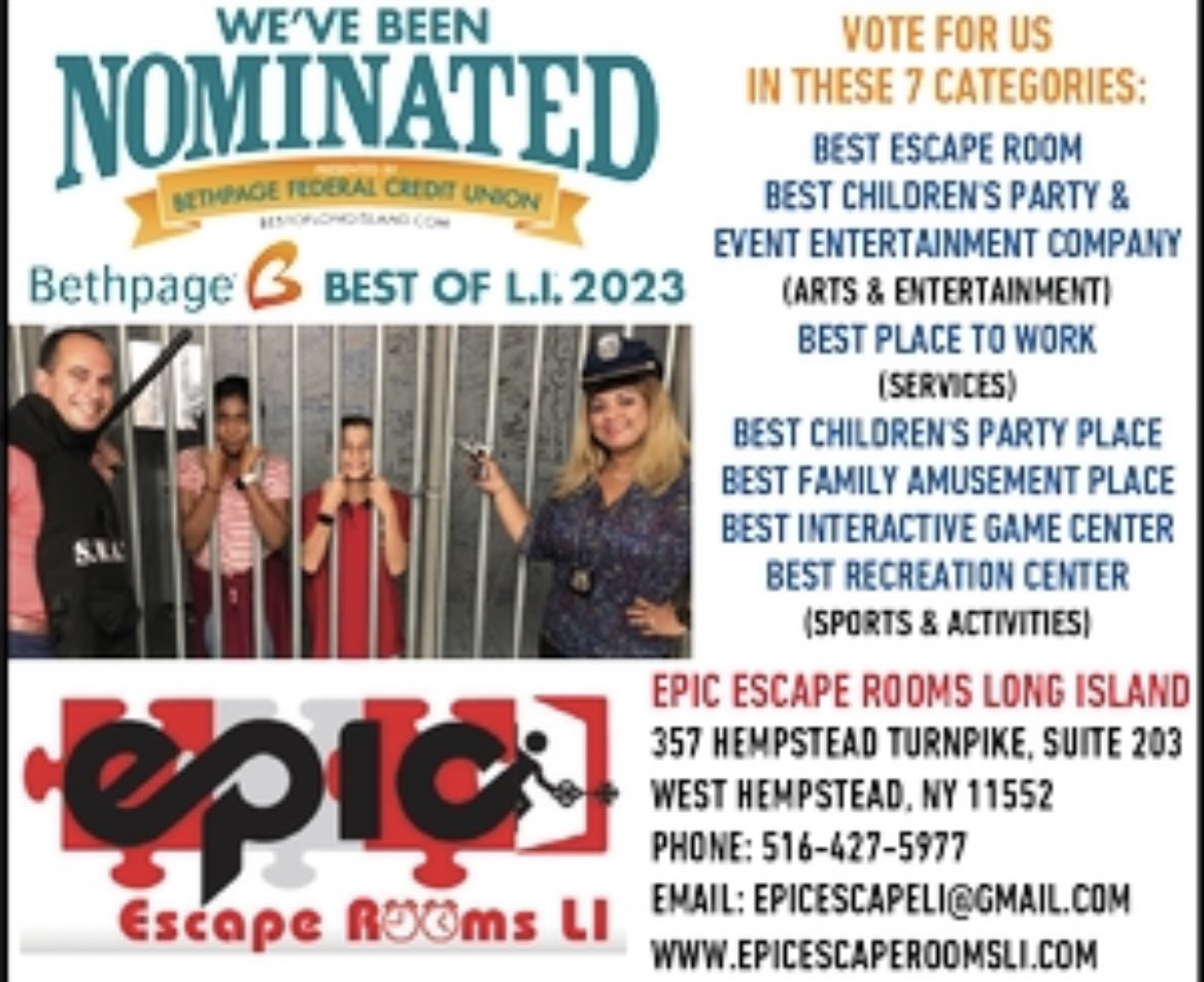 epicescapeli's tweet photo. Today 12/15 is the last day to vote for bestoflongisland. Please vote at: 
https://t.co/Ey7sMrwoYN

Let's win them all for E.  
PLEASE VOTE FOR US
IN THESE 7 CATEGORIES:
Click Art &amp; Entertainment and click the following and vote 
ESCAPE ROOM
Etc https://t.co/0RUHMG8j4A