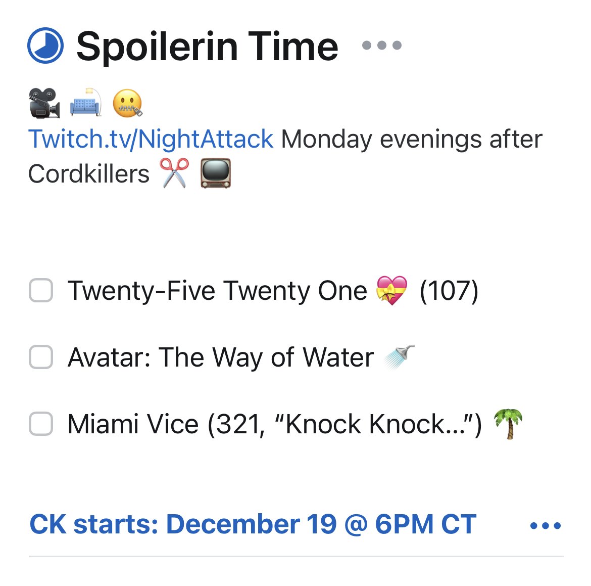 MONDAY: The last Cordkillers of the year! Join us for last minute streaming news and our Spoilerin’ Time watch club ⬇️ 
And we’ll give you our year-end TV and movie selections next week in ✨ The Killies ✂️ ✨
