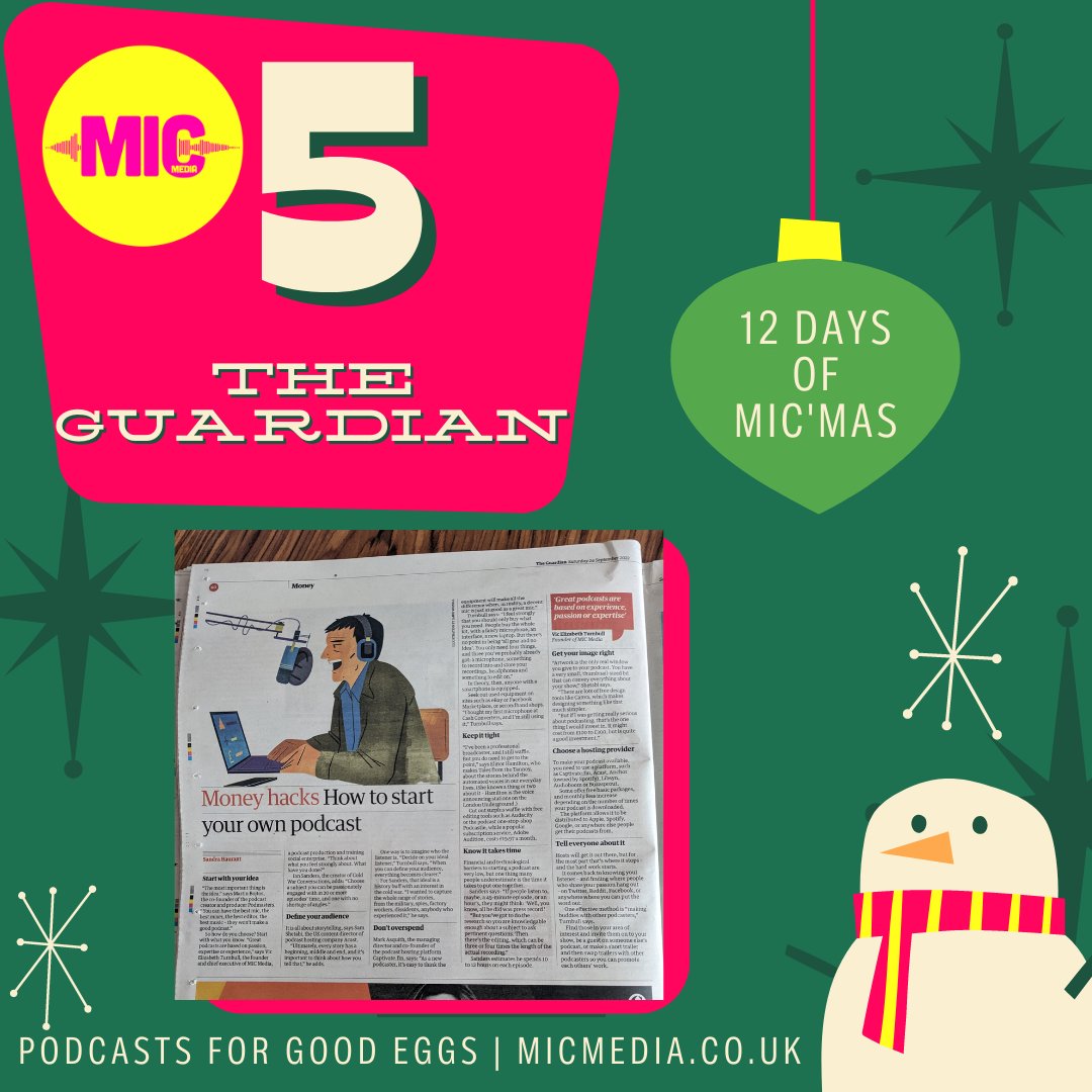 MicMediauk's tweet photo. 5️⃣ #MICmas - Contributing to The Guardian
In Sept we featured as a podcast expert in an article about 'How To Start Your Own Podcast'
We're chuffed to bits that nuggets of our advice featured heavily in the piece.
📰 You can read online article here ⬇️
https://t.co/tcLc7fOA0a https://t.co/AvPZm8vJ0F