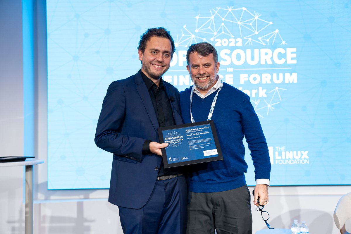 FINOSFoundation's tweet image. 🎉 Congratulations to @GoldmanSachs for winning the Most Active Member Award - to the member who has demonstrated a commitment to open source in FINOS.
➡️ Awards: bit.ly/3YrlqbF
#opensource #financialservices #fintech #OSFFNYC #OSFinserv #bankingtech #regtech