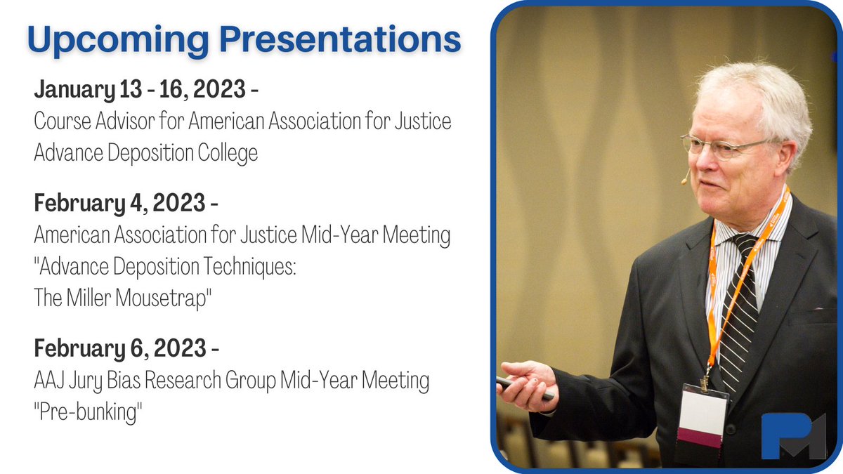 pmillerlaw's tweet photo. 2023 is quickly approaching. I have a few upcoming presentations with the American Association for Justice -
@JusticeDotOrg
#trialconsultant #millermethod https://t.co/X0HlMSzAbq