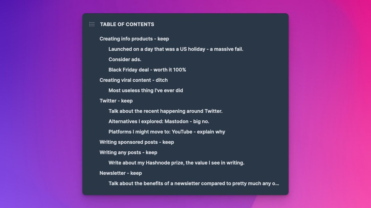 akoskm's tweet image. DevRetro 2022 update!

Here&apos;s the structure I&apos;m going with:

1.  list all things I did in 2022
2.  label ideas with hit/miss, keep/ditch - I must work on the wording
3.  a short summary of what I learned
4.  Enter 2023 with a plan 😄

What are you writing about?

#devretro2022