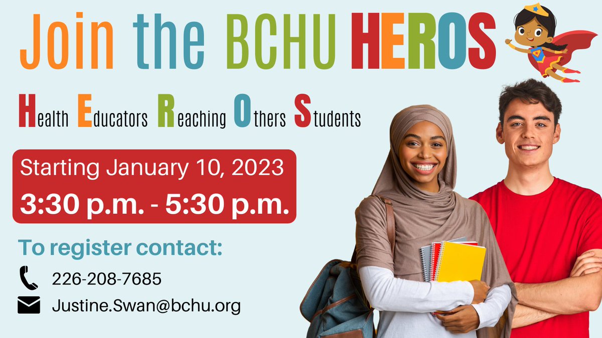 GrandEriePH's tweet image. HEROS is a local advocacy group geared towards youth aged 13-18. This is an excellent opportunity for students to gain volunteer hours, develop new skills, and act as a youth ambassador in the community. For more information and to register, please visit bchu.org/youth