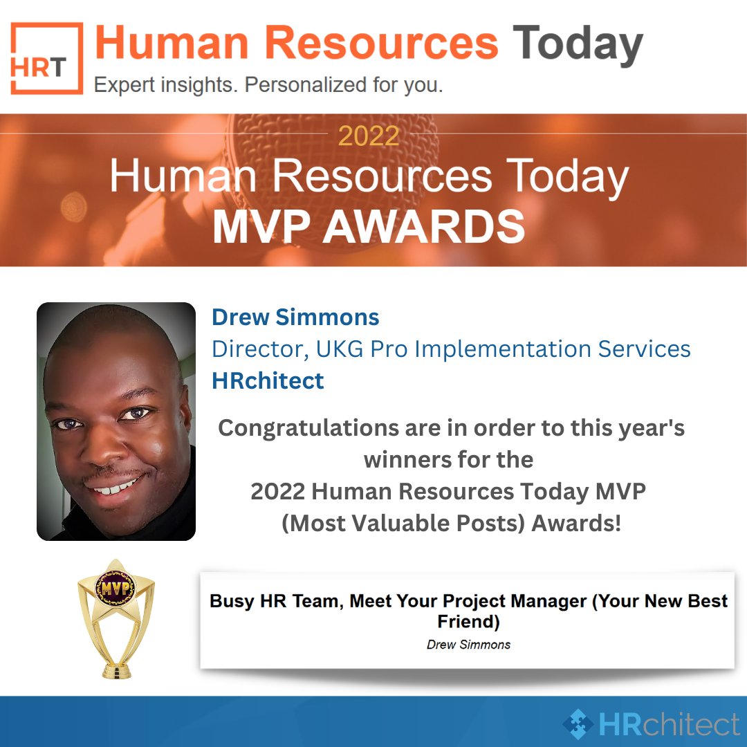 HRchitectNews's tweet photo. 🏆Congratulations to our very own Drew Simmons for being selected for the 2022 Human Resources Today MVP (Most Valuable Posts) Awards!
Read all about it here➡️https://t.co/BcfI1LcoTx
#HRtech #HRT #projectmanagement #implementationpartner #FCT #HCMtechnology #HR https://t.co/CE7fP3dRCP