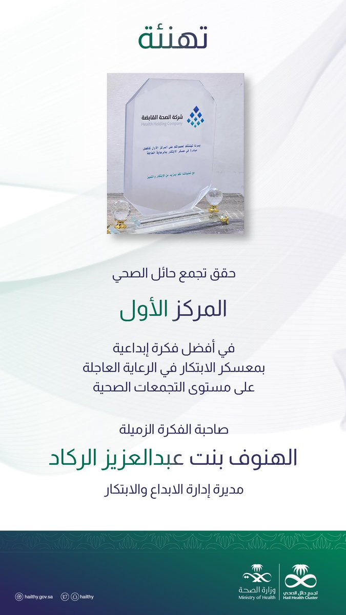 hailthy's tweet photo. #تهنئة| منسوبو #تجمع_حائل_الصحي يهنئون الزميلة الهنوف بنت عبدالعزيز الركاد مديرة إدارة الإبداع والابتكار، بمناسبة حصول التجمع على المركز الأول في أفضل فكرة إبداعية على مستوى التجمعات الصحية المشاركة https://t.co/12yfGOPX2X