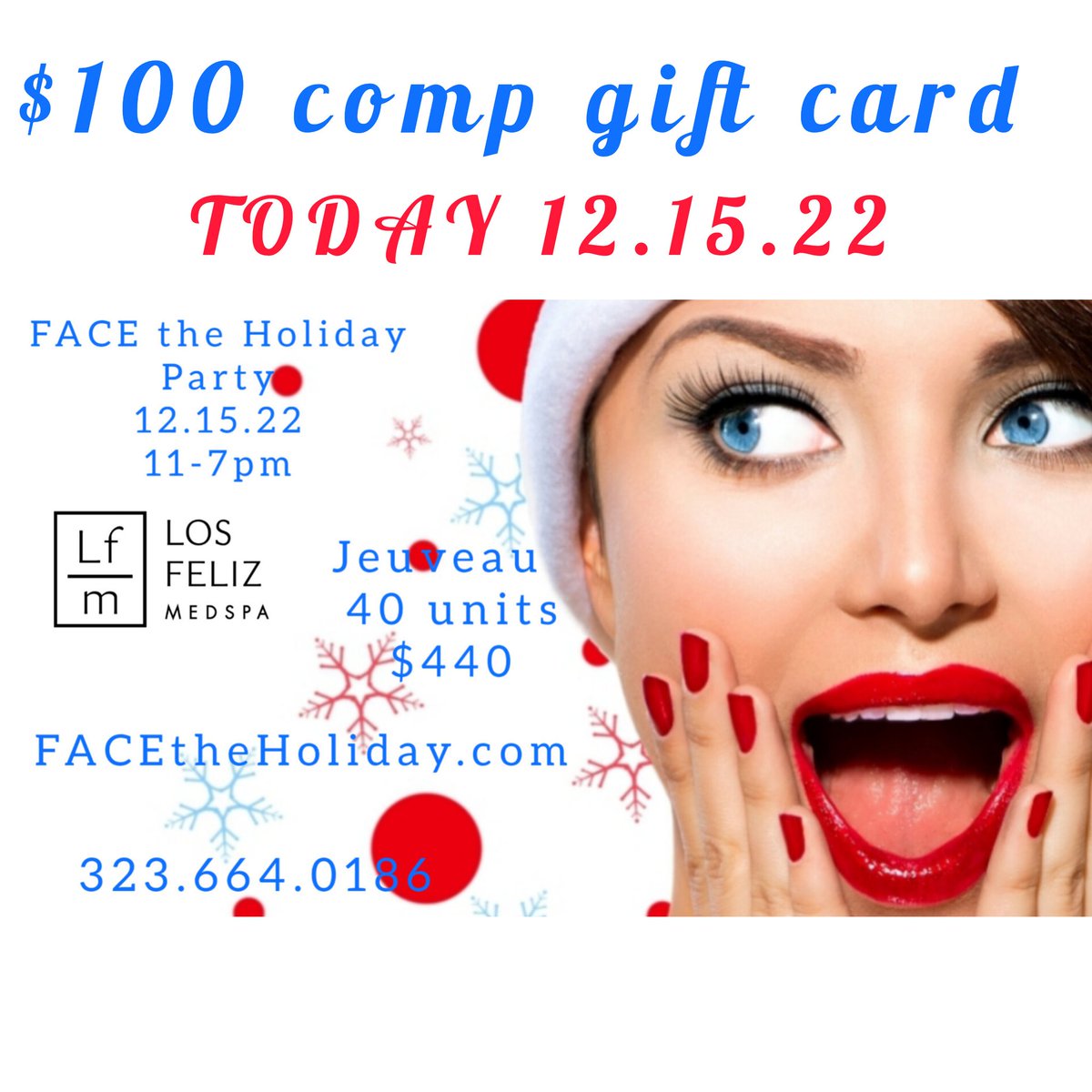 LosFelizMedSpa's tweet photo. $100 Gift Card Give-Away Today 12.15.22
Call Now 323.664.0186
#DrMicheleWare #LosFeliz #MedSpa @Evolus https://t.co/GTDnXQcYp7