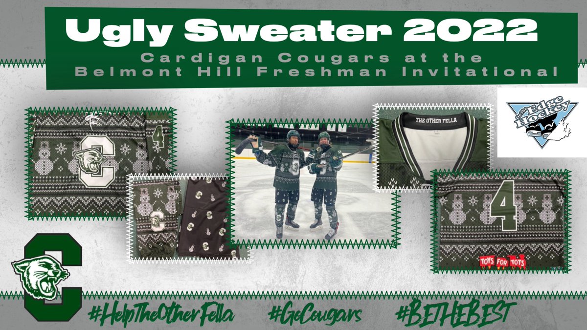 CMSsports's tweet photo. As we head into the break, the @CardiganMtnSchl Varsity Hockey team will again be donning new #uglysweaters to raise money for @ToysForTots_USA at the Belmont Hill Freshman Invitational #GoCougars #HelpTheOtherFella #BETHEBEST Thanks to On The Edge Hockey for the great set up! https://t.co/f3Ynilf4mO