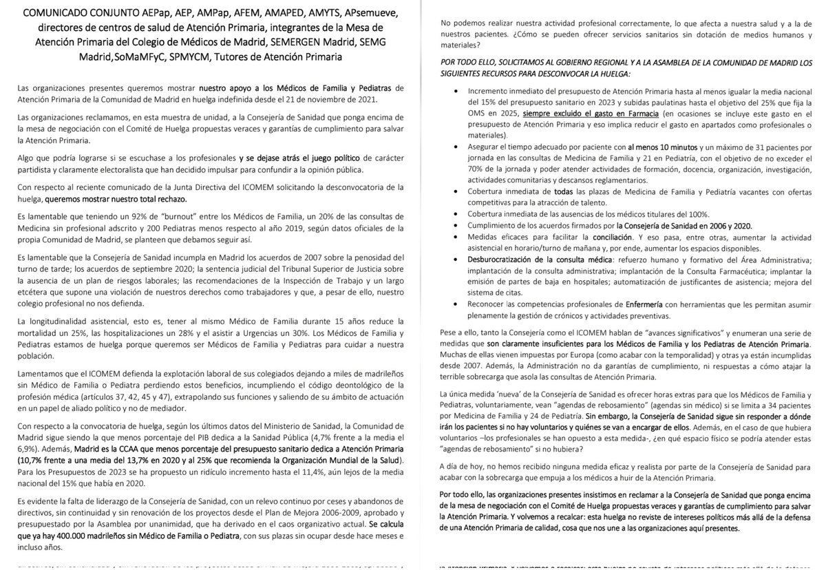 COMUNICADO CONJUNTO 
AEPap, AEP, AMPap, AFEM, AMAPED, AMYTS, APsemueve, directores de centros de salud de Atención Primaria, integrantes de la Mesa de Atención Primaria del Colegio de Médicos de Madrid, SEMERGEN Madrid, SEMG Madrid, SoMaMFyC, SPMYCM, Tutores de Atención Primaria