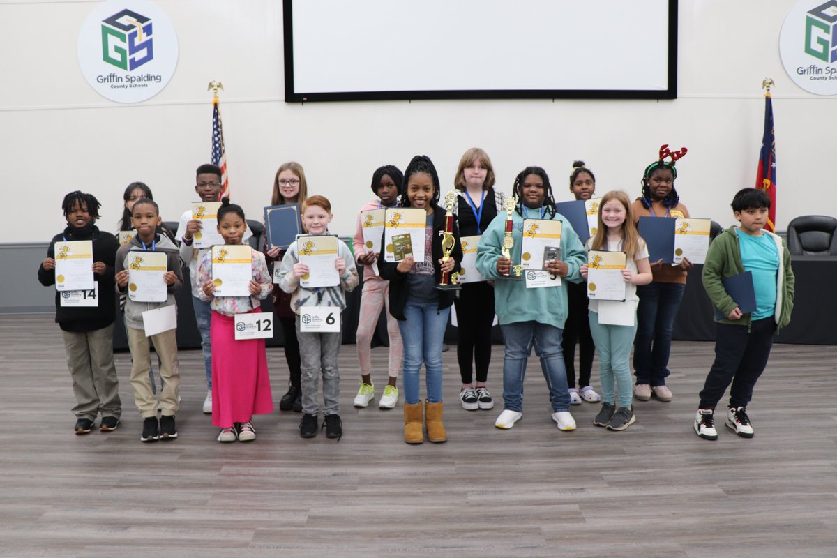 GriffinSpalding's tweet photo. Congratulations to the 2022 @GriffinSpalding District 1st Place Spelling Bee Champion Shanice Scott, 8th Grader at @KennedyRoadMS & to 2nd Place Winner Cyron Anthony, 5th Grader at @mremustangs! Way to go! All of the participants did an awesome job! GSCS is so proud! @GSCSELA https://t.co/buDr0ejJ8D