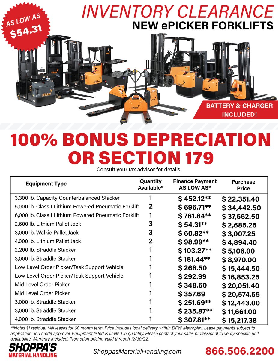 Shoppas's tweet image. Check out Shoppa&apos;s end-of-year sales event going on now through 12/30/22! Take advantage of new ePicker forklifts with finance payments as low as $54.31. Battery and charger included. Contact a Shoppa&apos;s representative today to learn more. 
#ePicker #equipmentsale #holidaysale
