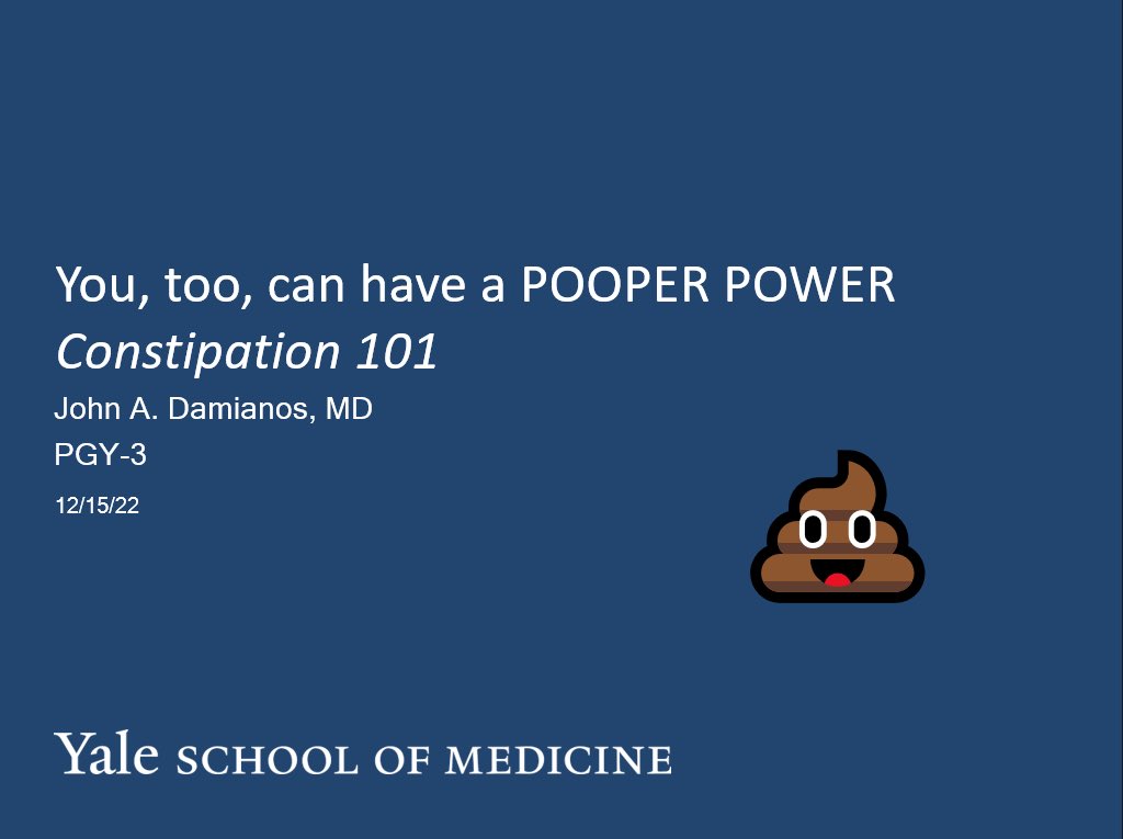 John Damianos, M.D. (@john_damianosmd) on Twitter photo I gave a talk on inpatient bowel regimens today for the <a href="/YaleMed/">Yale School of Medicine</a> <a href="/YaleIMed/">Yale Internal Medicine</a> residents and students, with additional 💎s on outpatient #constipation. Here are the slides!
💩 💩 💩
#MedTwitter #GITwitter #motility #MedEd <a href="/YaleIM_Chiefs/">Yale Internal Medicine Chiefs</a> <a href="/MayoClinicGIHep/">Mayo Clinic Gastroenterology & Hepatology</a> I gave a talk on inpatient bowel regimens today for the <a href="/YaleMed/">Yale School of Medicine</a> <a href="/YaleIMed/">Yale Internal Medicine</a> residents and students, with additional 💎s on outpatient #constipation. Here are the slides!
💩 💩 💩
#MedTwitter #GITwitter #motility #MedEd <a href="/YaleIM_Chiefs/">Yale Internal Medicine Chiefs</a> <a href="/MayoClinicGIHep/">Mayo Clinic Gastroenterology & Hepatology</a>