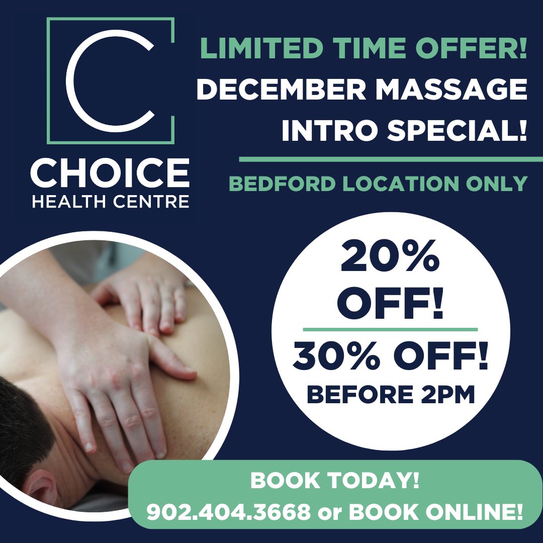 ChoiceHealthCtr's tweet image. LIMITED TIME OFFER! DECEMBER MASSAGE INTRO SPECIAL! ✨

➡️To book an appointment call (902) 404-3668 x 3 or book online 24/7! (Link in bio).