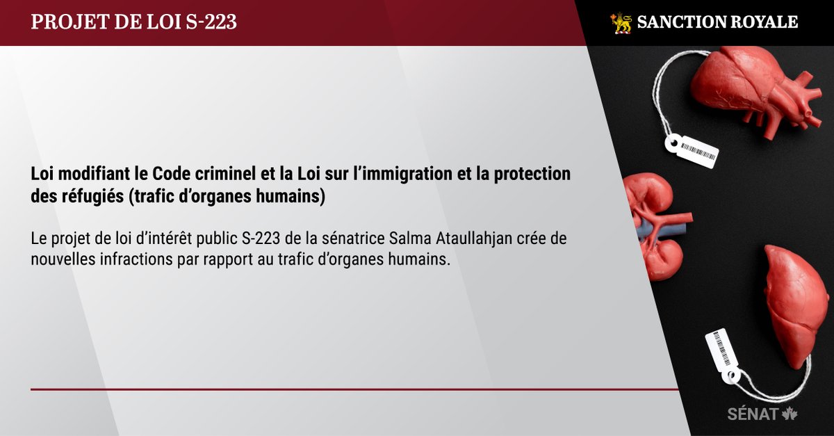 SenatCA's tweet image. Le projet de loi #S223 de la sénatrice @SenatorSalma a reçu la sanction royale : ow.ly/913j50M4WfU

#SenCA #PolCan #SanctionRoyale