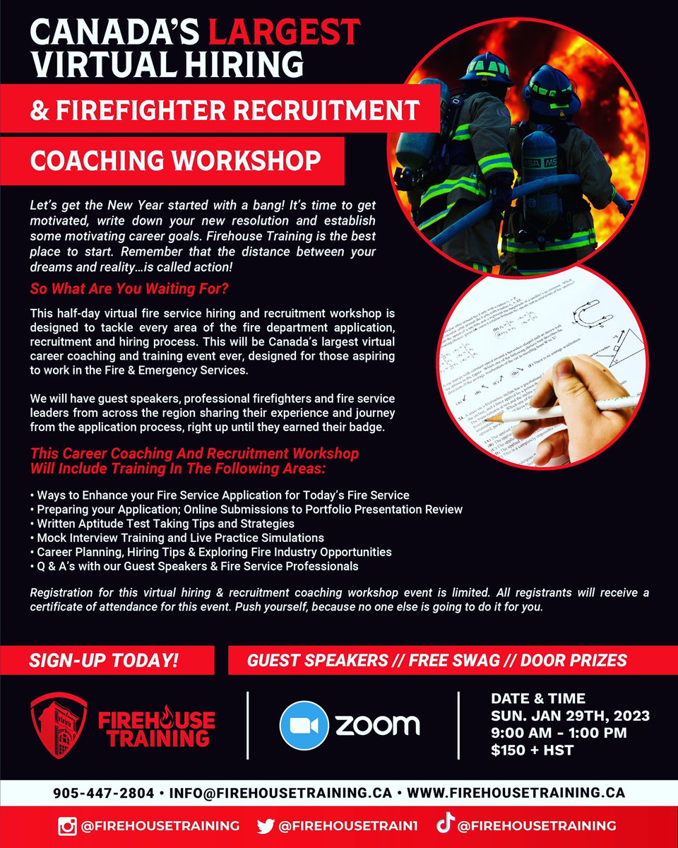 We are back again by popular demand!🔥Join us this January for Canada’s Largest Firefighter Hiring & Recruitment Virtual Conference next month. Resume prep, mock interviews and fire service application must-haves, will all be covered. Sign up now!👨🏻‍🚒
#herewego #firecareers
